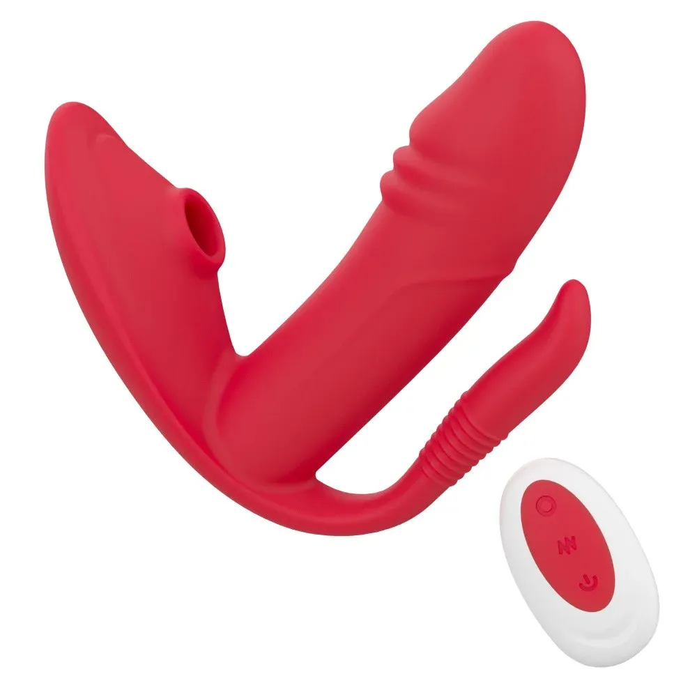 Vibrador Sugador e Estimulador 3 em 1 - Recarregável e com Controle -  Vermelho - Signs69